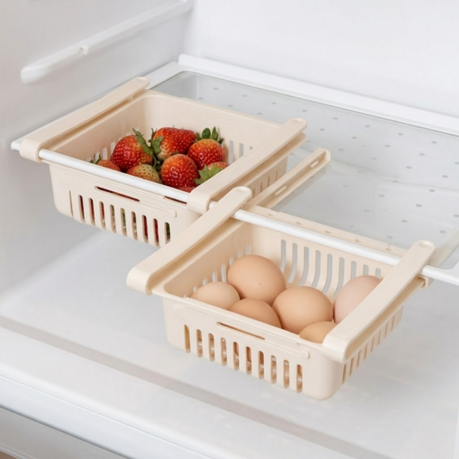 노벨띵즈 길이조절 슬라이딩 냉장고 정리 1+1 수납함 트레이, 1세트, 베이지