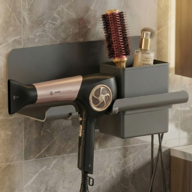 퀸퀸 드라이기 거치대 무타공 드라이 걸이 욕실, 그레이(챠콜), 1개