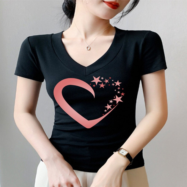 브이넥 여성슬림핏 하트프린팅 티셔츠