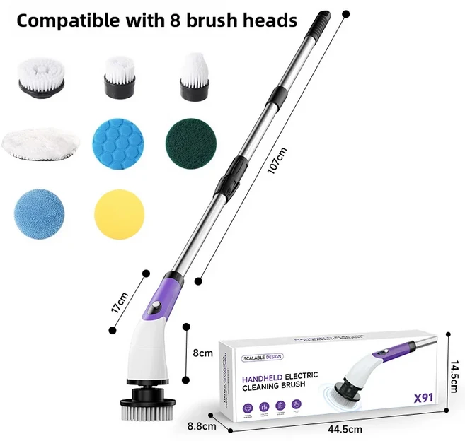 전동 청소 브러시 자동 회전 틈새 브러시 접이식 막대 다기능 가정용 데일리 청소 용품, 07 X91 퍼플 - 8 in 1