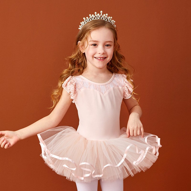 어린이 무용복 소녀 날개소매 프릴 레이스 튜튜 스커트 발레복 반팔, 연분홍색, 1개