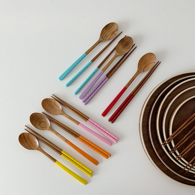 더륜 파스텔 나무수저세트 6종 1+1, 옐로우, 1개