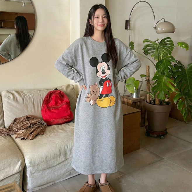 디즈니 곰돌이미키 원피스 캐릭터 긴팔 라운드넥 롱 원피스