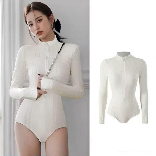 NBFZ 水母潛水服 長袖防曬速乾女士連體泳衣, 三角白色上衣 1件套
