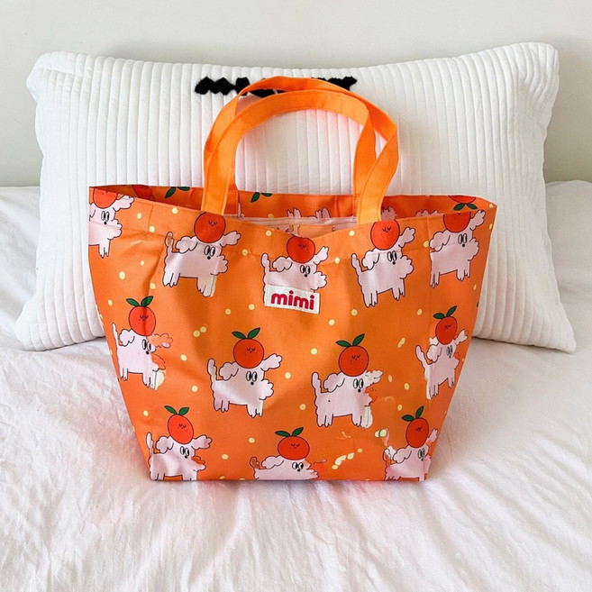 후암마켓 피크닉 도시락 간식 방수 토트백 에코백 다용도 비치백, 오렌지 강아지, 1개