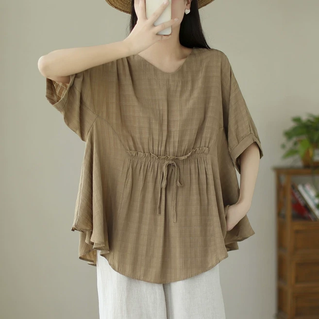 FINE ART 여성 오버핏 프릴 블라우스 빅사이즈 반팔 티셔츠 브이넥 롱티 가오리 상의 데일리