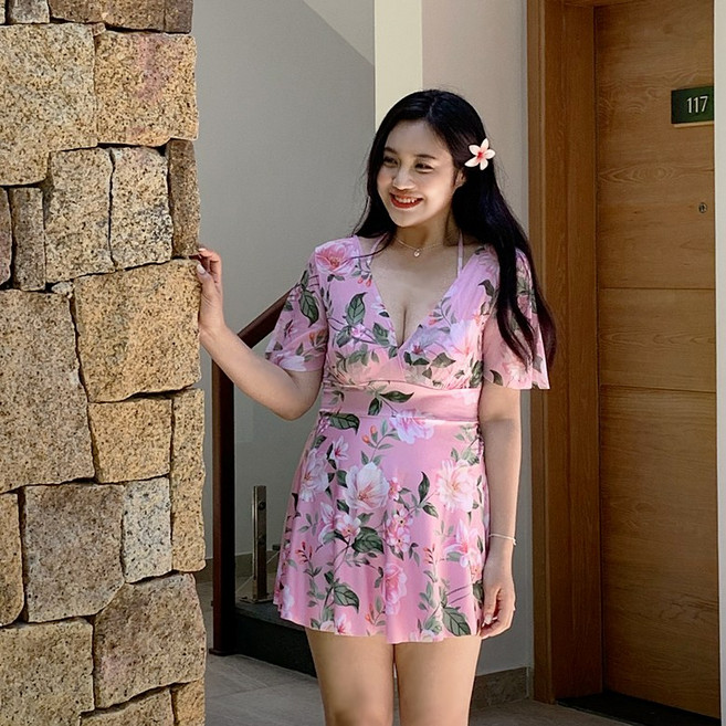 [르데이 66-88]엘리플라워 수영복 빅사이즈수영복 비치웨어 플라워수영복 체형커버 휴양지룩, 핑크