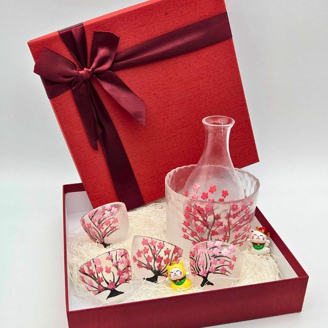 잔집사 벚꽃잔 사케잔 도쿠리 세트 술잔세트 홈술잔 감성 술잔 선물용, 1세트, 풀set (잔4+술병1+포트1+피규어1개)