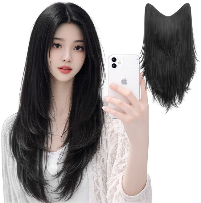 미제르바 볼륨 C컬 레이어드컷 붙임머리 헤어피스 긴머리 가발 50cm, 1개, 쿨블랙x50cm