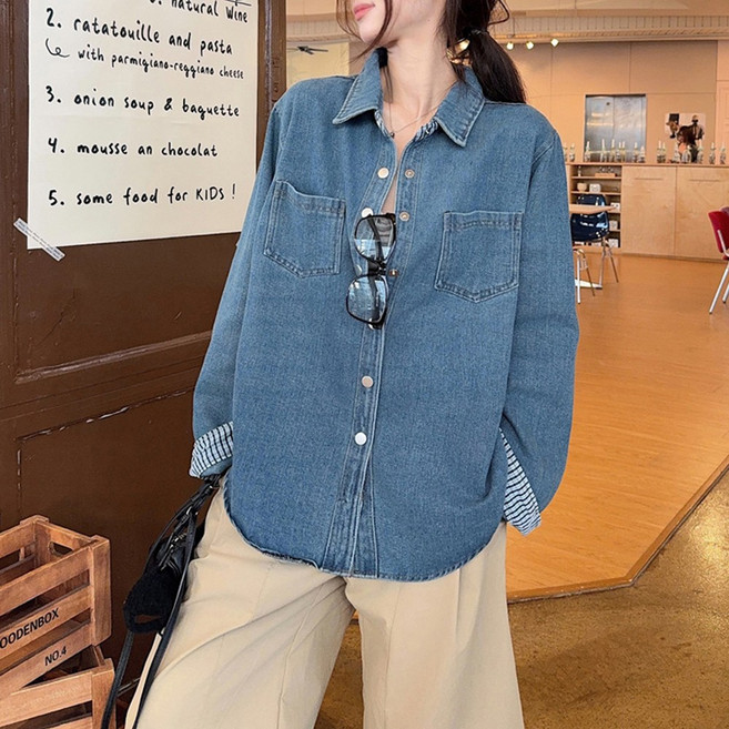 여성용 배색 데님 셔츠 오버핏 루즈핏 롤업 청남방 아우터