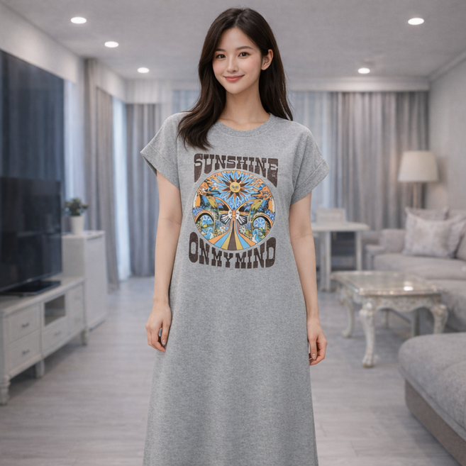 THE HONG 여성 100% 순면 반팔 롱원피스 여름 홈웨어 잠옷 세미 루즈핏 데일리 원피스