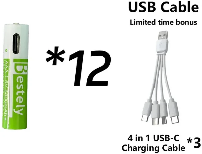 충전식 AA 배터리 13600mAh & AAA 배터리 6800mAh USB 타입 C 케이블 포함 리튬이온 배터리 1.5V 장수명, 01 1.5V용, 11 12P AAA
