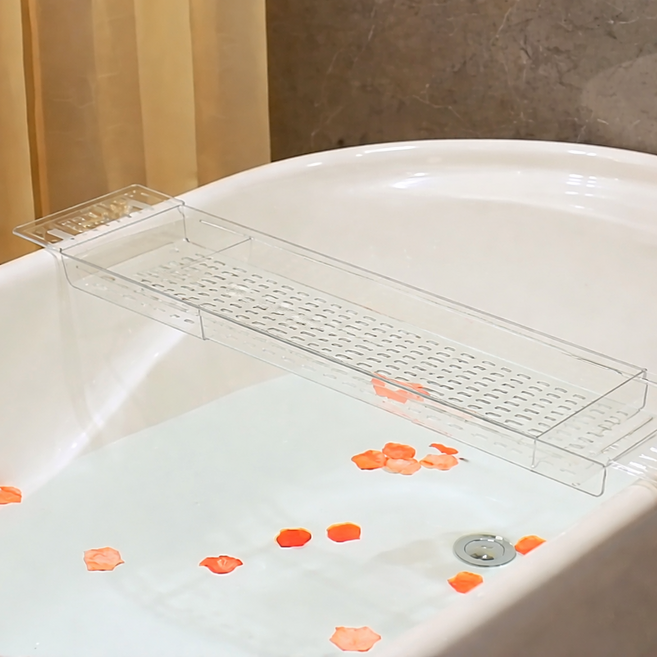 [조은살림]프리미엄 반신욕 욕조 트레이 욕실 선반 태블릿 휴대폰 거치 홈스파 배스랙, 1개, 투명