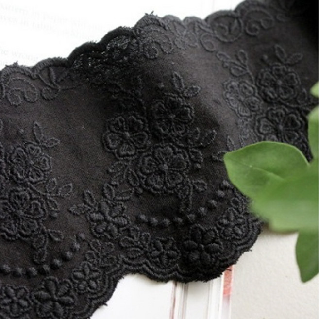 9cm폭 침구데코 의류리폼 고급스러운 검정색 자수 면레이스 원단 흑장미, 블랙, 1개