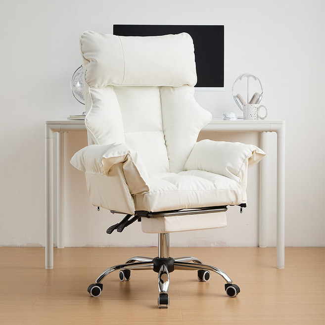 Takata 침대형 게이밍 고급 인조가죽 리클라이너 쿠션 팔걸이 PC방 컴퓨터 의자, 화이트