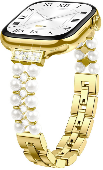 애플워치 11 10 9 SE 호환 슬림 소망망이 더블 비즈 진주 주얼리 메탈 스트랩 팔찌형 시계줄, 골드