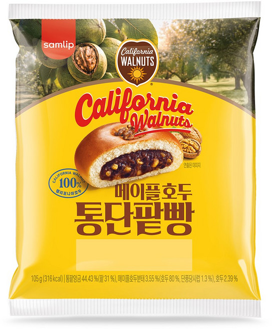 삼립 간식 빵 캘리포니아 메이플 호두 통단팥빵, 16개, 105g