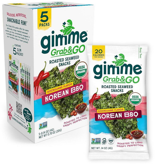 Gimme Seaweed Grab & Go 유기농 프리미엄 구운 해초 스낵 한국 바베큐 트레이 없음 케토 비건 글루텐 프리 오메가3 공급원 어린이 및 성인용 건강한, 한국 BBQ