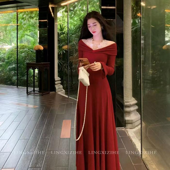 女款長洋裝 蕾絲 紅色 法式 約會穿搭, 酒红色【德绒+花边】,L