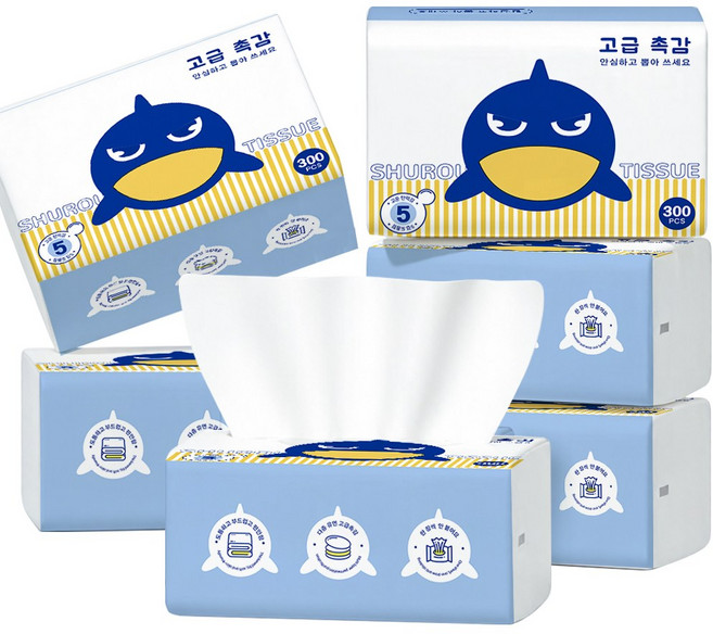 5겹 도톰한 300매 부드럽고 먼지 없는 원목펄프 대용량 생활용 티슈, 1개, 6개입