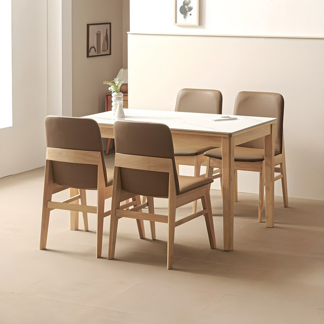 라로퍼니처 루아 1200 포세린 통 세라믹 4인 고무나무 원목 식탁 세트, 유광 화이트 상판+식탁+의자4