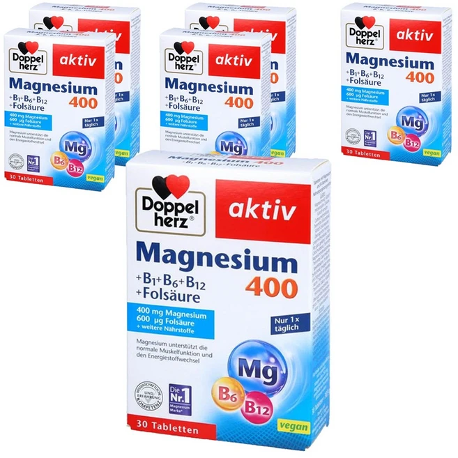 도펠헤르츠 액티브 마그네슘 400mg + B1 B6 B12 엽산 600mcg 타블렛, 6개, 30정 - 쿠팡