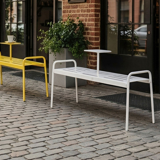 야외 철제 카페 2인용 정원벤치 테이블일체형, 로든 야외 벤치_옐로우