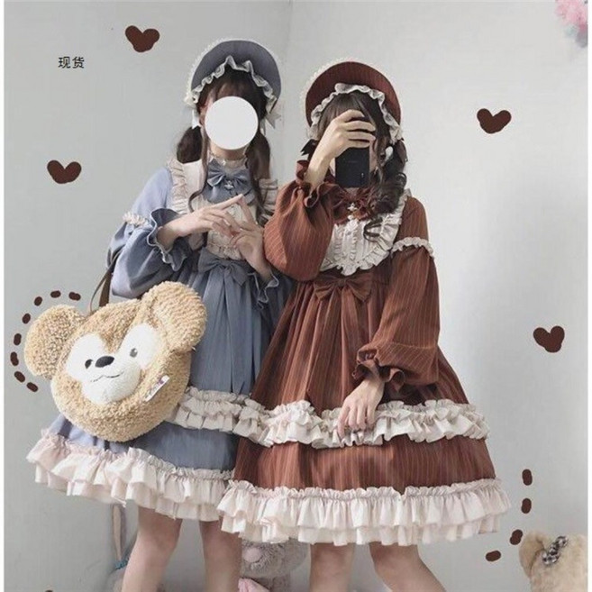 데일리 귀여운 로리타 일본 드레스 원피스 공주풍 레이스 여자 학생 코스프레 코스튬 빅사이즈 졸업사진, 브라운