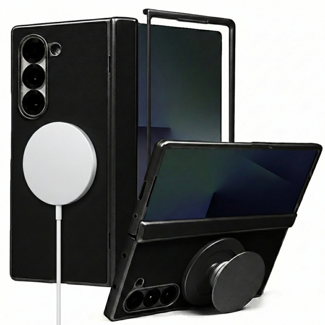 제루크 갤럭시 호환 Z 폴드 힌지보호 맥세이프 자력강화 무선충전 풀커버 거치 소가죽 케이스