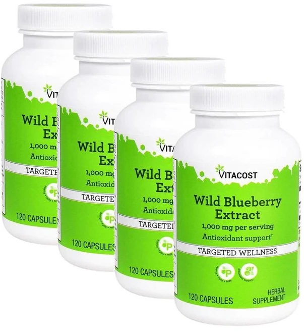 비타코스트 와일드 블루베리 추출물 1000mg 퍼서빙(60일분) Vitacost Wild Blueberry Extract, 4개, 120정 - 쿠팡