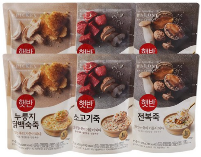 비비고 파우치 죽 420g (누룽지닭백숙죽2+전복죽2+소고기죽2), 1세트