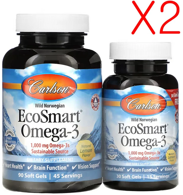 칼슨 노르웨이 자연산 EcoSmart 오메가3 천연 레몬맛 1 000mg 90+30소프트젤(소프트젤 1정당 500mg), 2팩, 120정 - 쿠팡