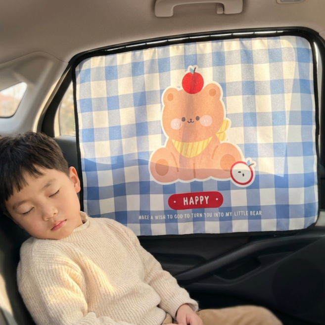 카밀리 레일형 차량용 햇빛가리개 자동차 커튼 뒷좌석 선쉐이드 자외선 차단 아기 어린이 창문 가리개 프라이버시 보호 1개, 블루 체크 해피베어