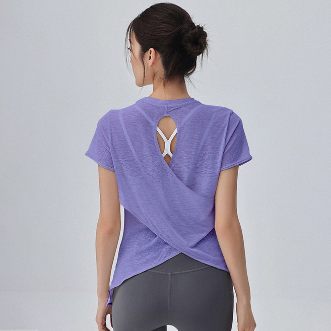 여름 여성 트레이닝 상의 운동복 여름 여성용 레이어드 크로스백 디자인 통기성 땀 흡수 반팔 티셔츠 LCC