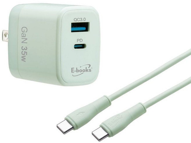 E-books B113 35W GaN 氮化鎵 1A1C 65W C to C 智慧快充傳輸線組, 綠, 1個