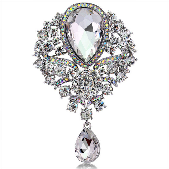 水鑽合金胸花 歐美風格 玻璃吊墜胸針 別針飾品, 白k白色/B022-I, 1個
