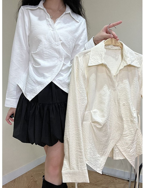 [여리핏/포인트셔츠] 카라 레이스 랩 사선 단추 리본 셔츠 블라우스