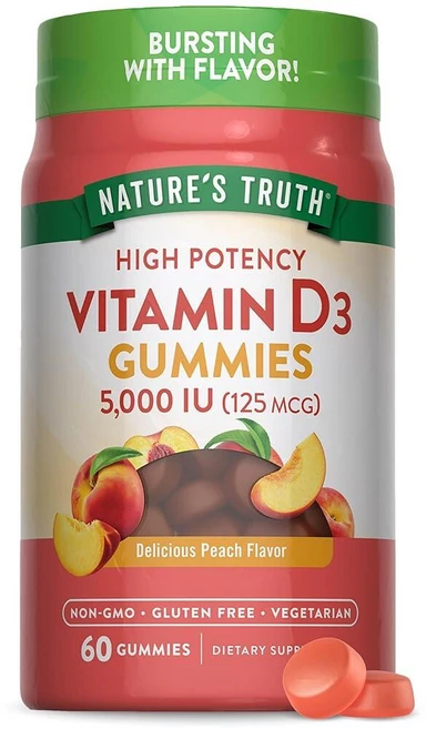 Nature's Truth 비타민 D3 젤리 | 5000 IU | 60개 | 복숭아 맛 | 채식주의자 GMO 프리 및 글루텐 프리 보충제, Nature's Truth 비타민 D3 젤리 | 500, 1개, 60정 - 쿠팡