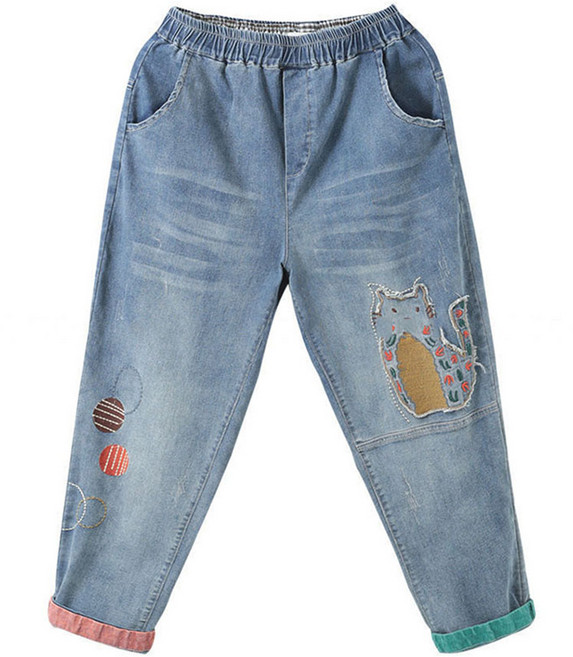 셀럽당 여성 청바지 봄가을 빅사이즈 캐릭터 스티커부 배기 팬츠 자수 여성 팬츠