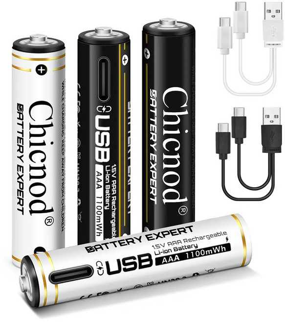 AAA 1100mWh 리튬 충전배터리 USB-C 타입 충전케이블, 1개, 2개입