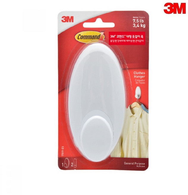3M 코맨드 훅 벽걸이 후크 17019 (훅 1입+테이프 2입), 1개