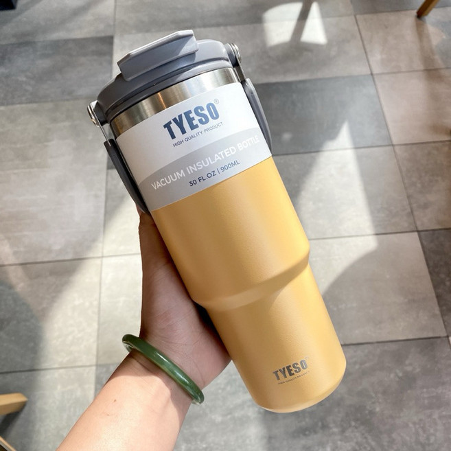 TYESO 不銹鋼保溫杯 雙飲口設計, 黃色,900ml, 1個