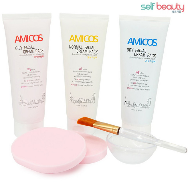 셀프미인 아미코스 실기시험용 크림팩 3종 200ml 해면 2장 팩붓금장 플라스틱볼 지성팩 건성팩 정상팩 피부 미용 재료, 1개, 혼합색상