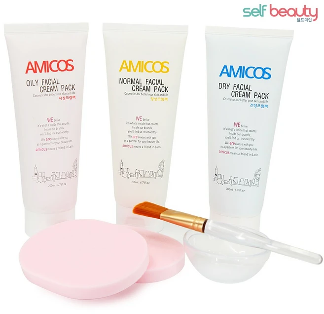 셀프미인 아미코스 실기시험용 크림팩 3종 200ml 해면 2장 팩붓금장 플라스틱볼 지성팩 건성팩 정상팩 피부 미용 재료, 1개, 혼합색상 - 쿠팡