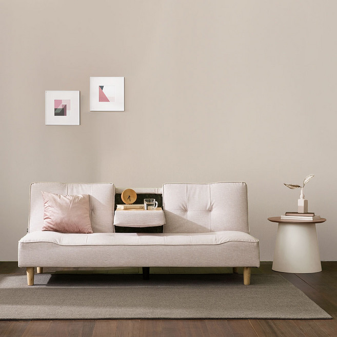 장인가구 로니엘 3인용 컵홀더 접이식 소파베드 패브릭룩 방수 가죽 소파, 오트밀