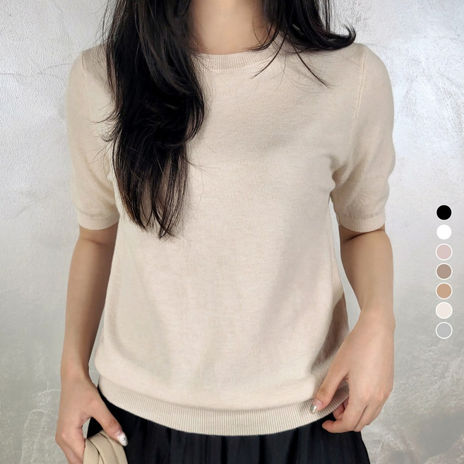 더반디 여성 베이직 간절기 반팔 라운드 니트