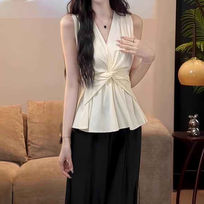 Makone 여성 브이넥 블라우스 솔리드 프렌치 슬림핏 민소매 허리조임 스타일 상의 패션 탑