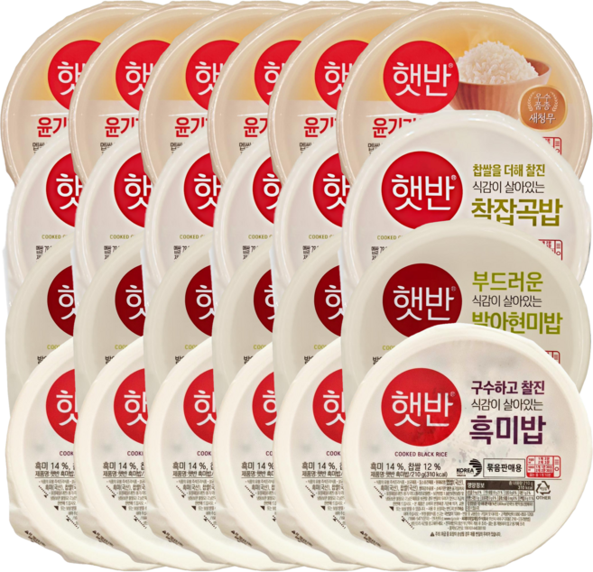 CJ 건강 햇반 신제품 4종 (백미 + 찰잡곡밥 + 발아현미밥 + 흑미밥) 캠핑 식단 즉석밥, 210g, 24개