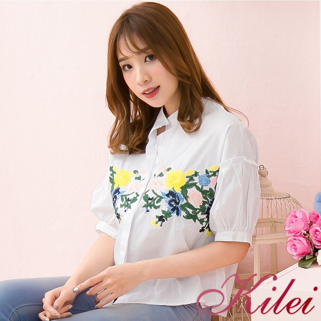 【Kilei】女裝 繡花全開釦短袖襯衫上衣XA3730 全尺碼