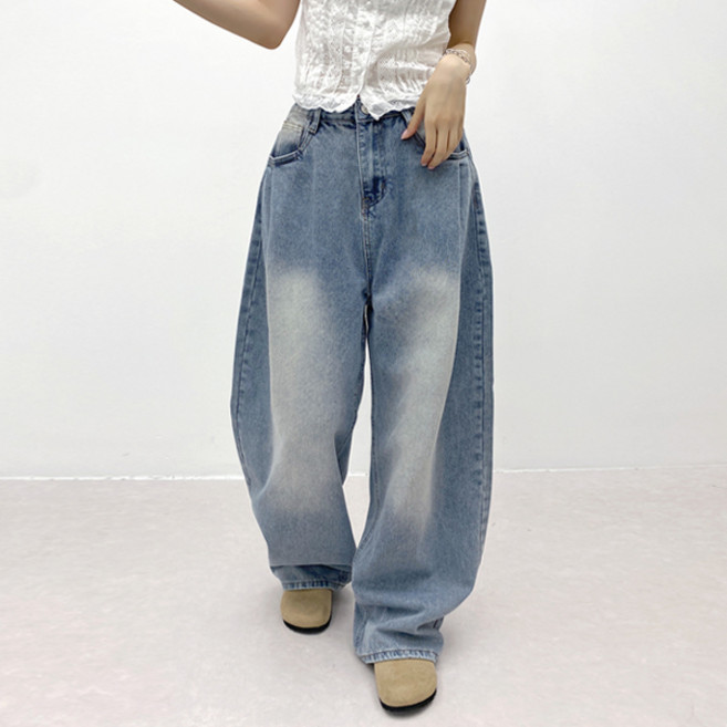 앞핀턱 (2단기장) 빈티지워싱 세미 배기 와이드 데님 루즈핏 청바지